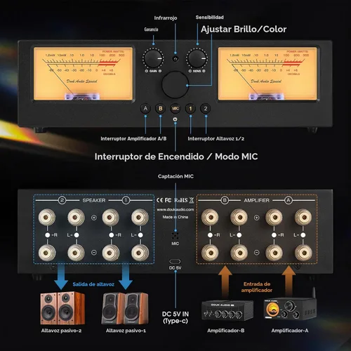 Vista 8 de Douk Audio VU3 PRO Medidor VU Analógico Dual, Interruptor de Amplificador de 2 Vías, Selector de Altavoces, Caja Conmutadora de Audio