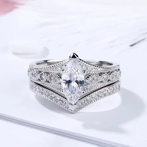 Vista 5 de Jeulia Juego de 2 anillos de plata de ley con corte marquesa milgrain para novia, boda, compromiso, aniversario
