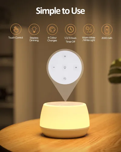 Vista 2 de Luz nocturna para niños, 3 modos y 9 colores cambiantes, lámpara de noche recargable sin interrupciones, lámpara de mesa táctil portátil