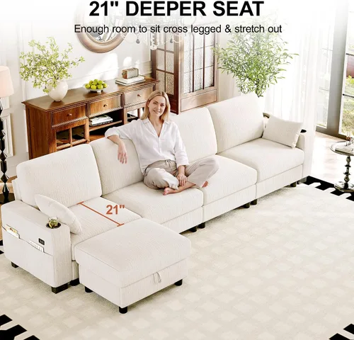 Vista 8 de Vipbear Sofá modular seccional, 128" en forma de L cómodo sofá de chenilla Marfil