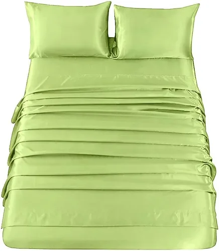 Vista 2 de Sfoothome Juego de sábanas de satén verde salvia, sábanas de satén tamaño completo, juego de sábanas de satén sedoso de bolsillo profundo con 1