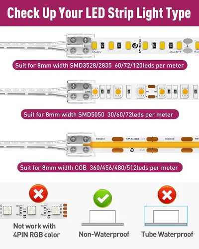 Vista 2 de EMITEVER - Paquete de 2 conectores de tira LED, extensión sin soldadura de 2 pines para luz de 0.315 in works with 5V/12V/24V LED strip