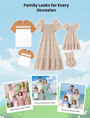 Vista 2 de PATPAT - Conjunto a juego para toda la familia, con estampado floral bohemio, cuello cuadrado, mangas abullonadas, vestido blusón y camisetas