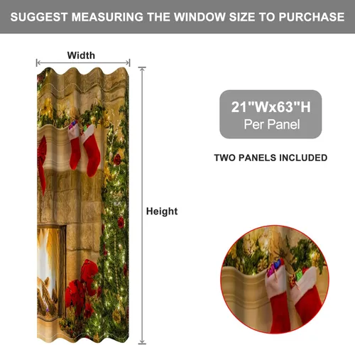 Vista 2 de Cortinas con adornos de Navidad impresos, cortinas para ventana de chimenea, calcetines de Navidad, árboles de Navidad, regalos, paneles opacos