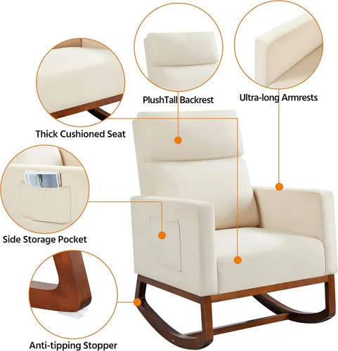 Vista 5 de Yaheetech Mecedora tapizada para cuarto de bebé, con patas de madera de goma, bolsillo lateral, sillón con respaldo alto para sala de estar, Beige