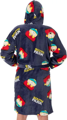 Vista 3 de South Park Albornoz con capucha para hombre Vestido estampado de Cartman para adultos en azul marino Ropa de descanso de forro polar de dibujos
