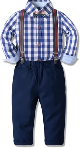 Vista 2 de Yilaku Ropa de vestir para niño, conjunto de traje formal con corbatín y pantalones de tirantes, trajes de niño para niño pequeño, trajes