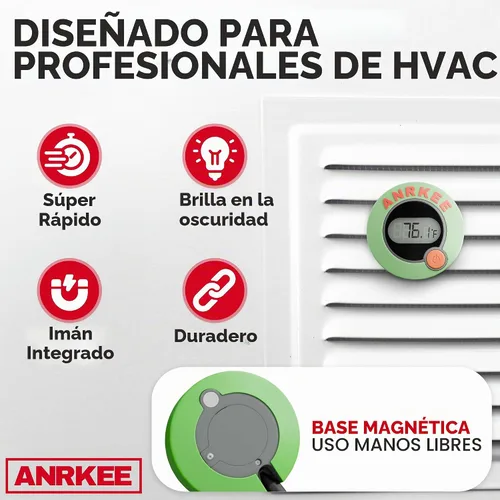 Vista 3 de Termómetro digital de temperatura HVAC con pantalla LCD, cubierta fosforescente, soporte magnético, Fahrenheit y Celsius, pantalla plegable