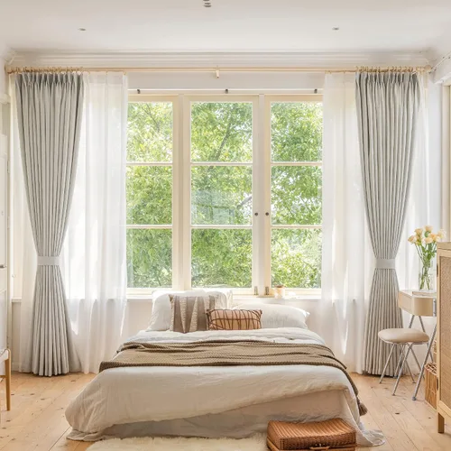 Vista 8 de HUTO Cortina plisada opaca completa con alzapaños, cortina de lino sintético extra ancha para patio, dormitorio, sala de estar, abedul blanco, 84