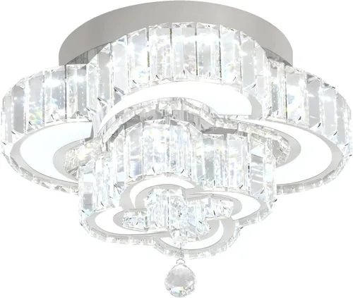 Vista 7 de Flashing God Mini Candelabros de Cristal de 12'' de Diámetro Plateados Lámpara de Techo LED Moderna de Montaje Empotrado con Cristales Lámpara