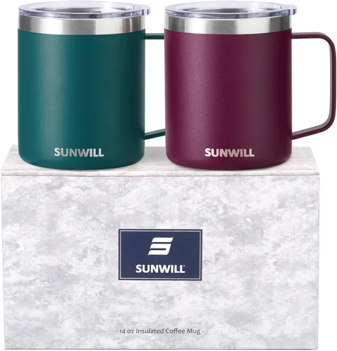 Vista 11 de SUNWILL - Taza de café de viaje con tapa, taza aislada con asa, taza de acero inoxidable de 14 oz para hielo, agua, té, color oro rosa