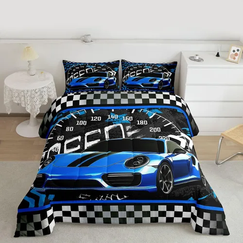 Vista 2 de Feelyou Juego de edredón azul de carreras para niños, juego de ropa de cama de coche deportivo para niños y niños, edredón deportivo geométrico a