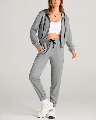 Vista 2 de Amkoyam Conjunto de dos piezas para mujer, de manga larga, con cremallera, sudadera con capucha y pantalones largos