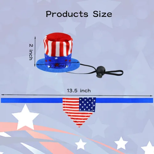 Vista 2 de 4 piezas de disfraz para el Día de la Independencia de las mascotas, sombrero de conejillo de indias para el 4 de julio, bandana triangular