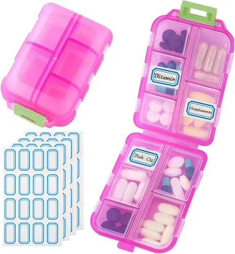 Vista 31 de Organizador de pastillas de viaje portátil, estuche pequeño para bolsillo, pastillero para bolso, organizador de medicinas con 10 compartimentos