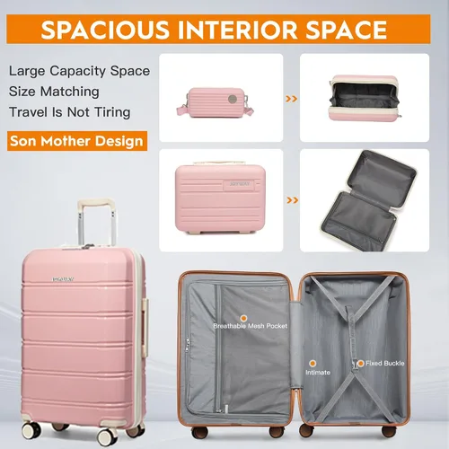 Vista 3 de Joyway Equipaje de 5 piezas, equipaje de viaje ligero con cierre TSA, juego de equipaje, maleta con ruedas giratorias para mujer, Rosado