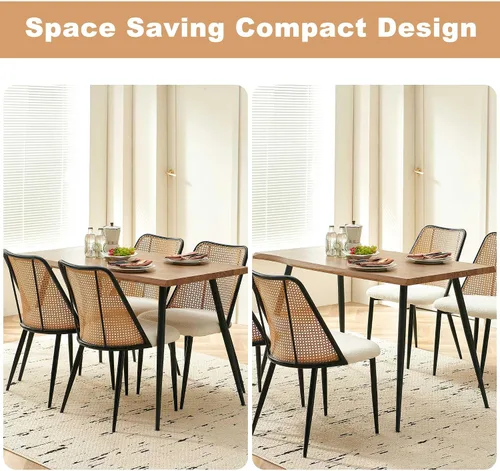 Vista 4 de NORDICANA Dining Table Set for 4, Kitchen Table and 4 Chairs, 5 Pieces Dinette Wood Table with Beige Boucle Chiars, Rattan Backrest
