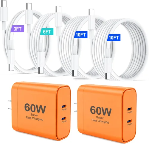 Vista 10 de Cargador para iPhone 17, 45 W de carga rápida USB C de doble puerto con cable de carga tipo C de 3/6/10/10 pies, adaptador rápido PD 3.0 para iPhone
