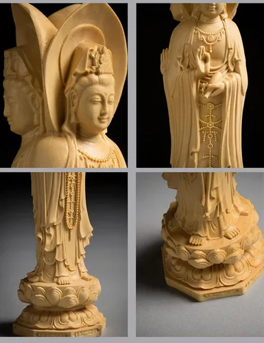 Vista 7 de Estatua china de Nanhai Quan Yin Feng Shui, tallado a mano boj tres lados Kuan Yin Buddha estatua decoración de oficina en casa, escultura femenina