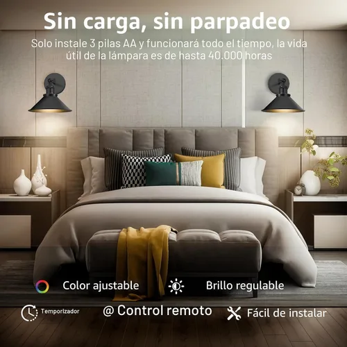 Vista 4 de Juego de 2 apliques de pared que funcionan con pilas, juego de 2 apliques vintage con control remoto, luces de pared regulables para sala de estar