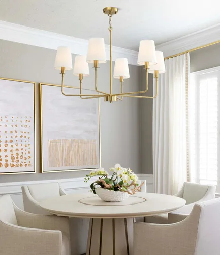 Vista 2 de Candelabro clásico de 6 luces con acabado dorado cepillado y pantallas de lino, base E12, lámpara rústica de techo para isla de cocina, comedor