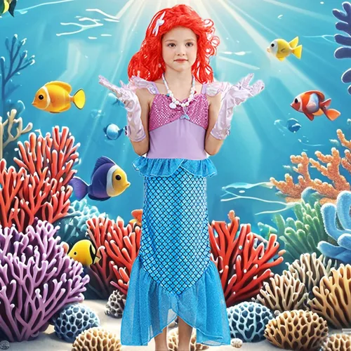 Vista 2 de Disfraz de sirena para niñas pequeñas, disfraz de princesa Ariel con accesorios, peluca para fiesta de cumpleaños, Halloween, cosplay
