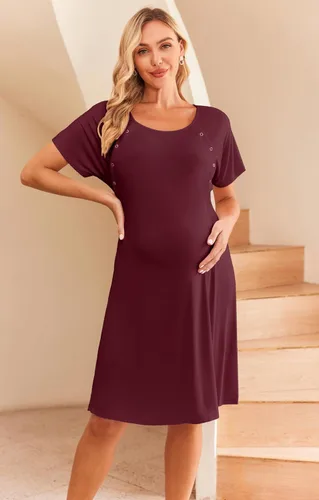 Vista 2 de Ekouaer - Camisón con botones y manga corta para mujer, vestido para lactancia, parto, hospital y maternidad, tallas S-XXL