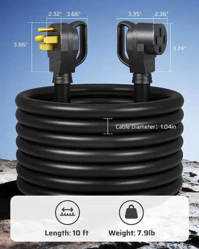 Vista 9 de DEWENWILS Cable de extensión EV RV de 50 amperios, 10 pies, NEMA 14-50P a 14-50R 6/3+8/1 cable de cobre, cable de alimentación EV resistente