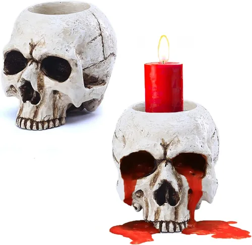Vista 8 de VICDUEKG Portavelas de calavera, candelabros de esqueleto, taza de té espeluznante, decoración gótica, candelabros de resina, manualidades