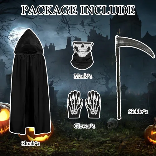 Vista 2 de Kids Grim Reaper Costume Cloak Boys Halloween Costumes Scary Velvet Hooded Cape with Skeleton Mask Gloves Scythe Props