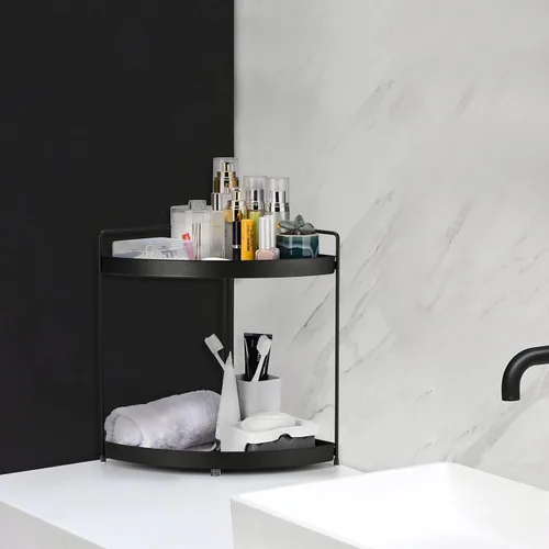 Vista 2 de Estante esquinero de 2 niveles para encimera de cocina, gabinete de baño, organizador de maquillaje, cosméticos, organización y almacenamiento Negro