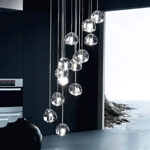 Vista 6 de Candelabro de cristal LED moderno, lámpara colgante de gota de lluvia, lámpara de techo de bola de cristal, 14 luces para escalera, sala de estar