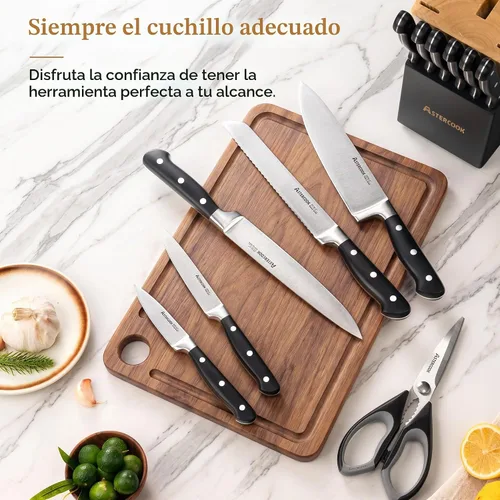 Vista 5 de Astercook Juego de cuchillos de cocina de espiga completa con bloque y Negro