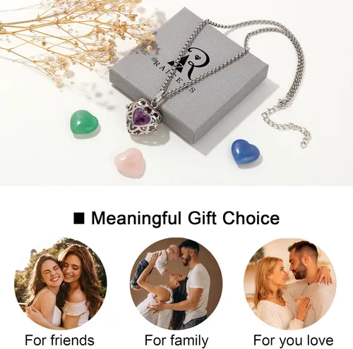 Vista 7 de Raicegs Heart Shaped Crystals and Healing Stones 7 Chakra Crystal Necklace 0.8 inch Heart Gemstones Natural Stones Necklaces for Women Spiritual