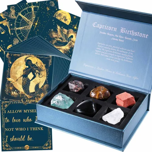 Vista 15 de Faivykyd Regalo de cristales de acuario para mujer, 6 piedras del zodiaco de acuario con 50 tarjetas de afirmación de mantras milagrosos, regalos