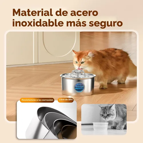 Vista 4 de Fuente de agua para gatos de acero inoxidable: fuente para mascotas ultra silenciosa de 88 oz/2.6 L con pico de gatito con flores y dispensador