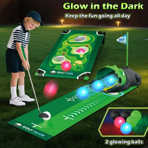 Vista 3 de TERRAMUS Juego de golf 3 en 1 para niños con devuelvedor automático de dinosaurio, tablero de Cornhole de golf, bolas con luz LED, alfombra de putt