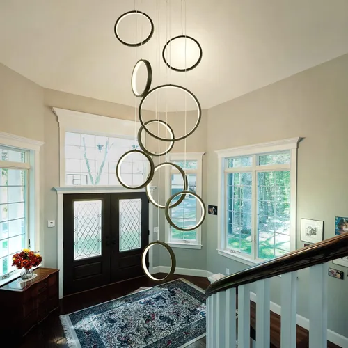 Vista 9 de Candelabro moderno para entrada para techos altos, lámpara moderna regulable dorada para escalera, de lujo, techo alto, lámpara colgante LED