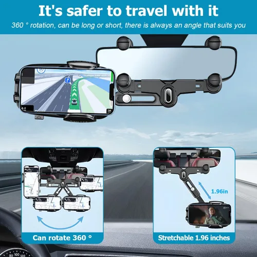 Vista 6 de BESULEN Soporte para teléfono para espejo retrovisor de automóvil, giratorio de 360° y retráctil con clip de retrovisor automático, soporte