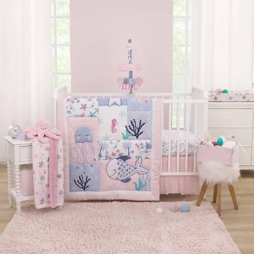 Vista 5 de NoJo Mermaid Lagoon - Sábana bajera ajustable para cuna, color rosa, azul y blanco, 100% algodón con foto
