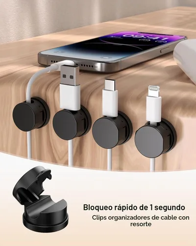 Vista 2 de OneLeaf Paquete de 12 clips de cable de resorte giratorios de 360° [1s bloqueo], soporte de cable adhesivo para mesita de noche, soporte de cable