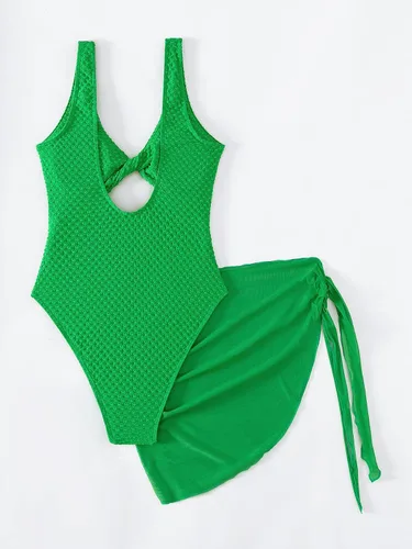 Vista 2 de MakeMeChic Traje de baño de 2 piezas para mujer, con corte frontal torcido, traje de baño de una pieza con falda para cubrir