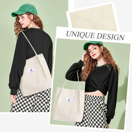 Vista 7 de Bolsas de pana para mujer, bolsa de pana de gran capacidad, reutilizable, con bolsillos interiores
