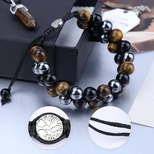 Vista 4 de Pulsera Hecha a Mano de Triple Protección 10mm de Hematita Obsidiana Negra Ojo de Tigre con Piedras de Cristal de Curación para Hombres y Mujeres