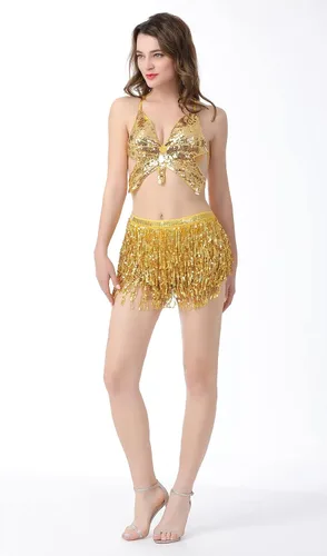 Vista 5 de Disfraz de danza del vientre para mujer, brasier acolchado, bufanda de cadera con flecos de lentejuelas, 2 piezas con borlas, samba latina, traje