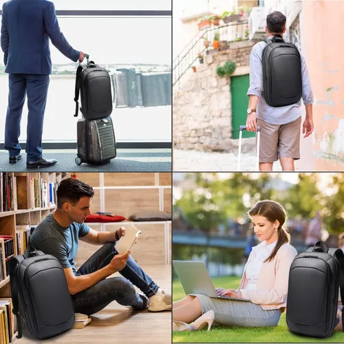 Vista 7 de hk Mochila de negocios para hombres de 17 pulgadas, delgada y expandible, impermeable, mochila de viaje para laptop con puerto de cargador USB, Negro