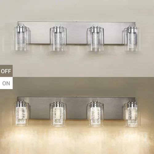 Vista 8 de Lámpara de tocador de 4 luces de níquel cepillado, cristal de burbujas con luces regulables de 3 colores, moderna lámpara de pared para baño