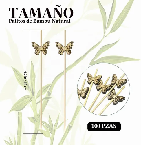 Vista 3 de 100 púas de cóctel de bambú de mariposa, 4.7 pulgadas