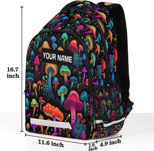 Vista 2 de Custom Name Backpack for Boys Girls Teens Rainbow Mushroom Personalized 16 Inch Kids Backpack Funny Planet Middle Schoolbag Primary Elementary
