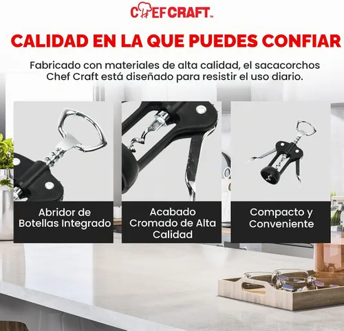 Vista 6 de Chef Craft Select Sacacorchos de metal con alas, 16,5 cm, negro y cromo Negro y cromado